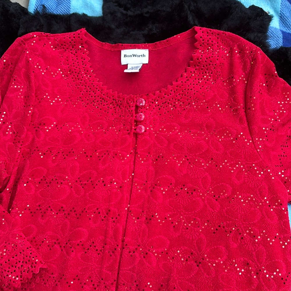 Bon Worth Red Blouse with Attached Jacket Glitter Lace Cut Out Floral Dress up M